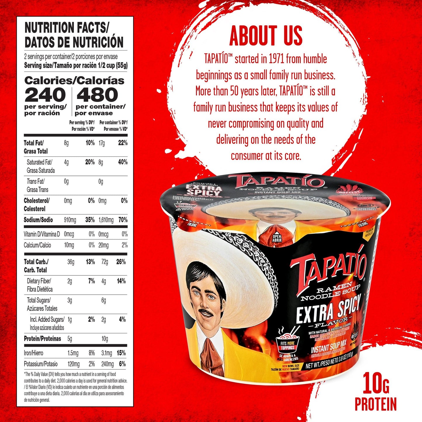 Tapatío Ramen Noodle Soup – Extra Spicy Flavor, Instant Microwave Bowl, 3.88 oz (110 g), 6 - Pack - Tapatío Ramen