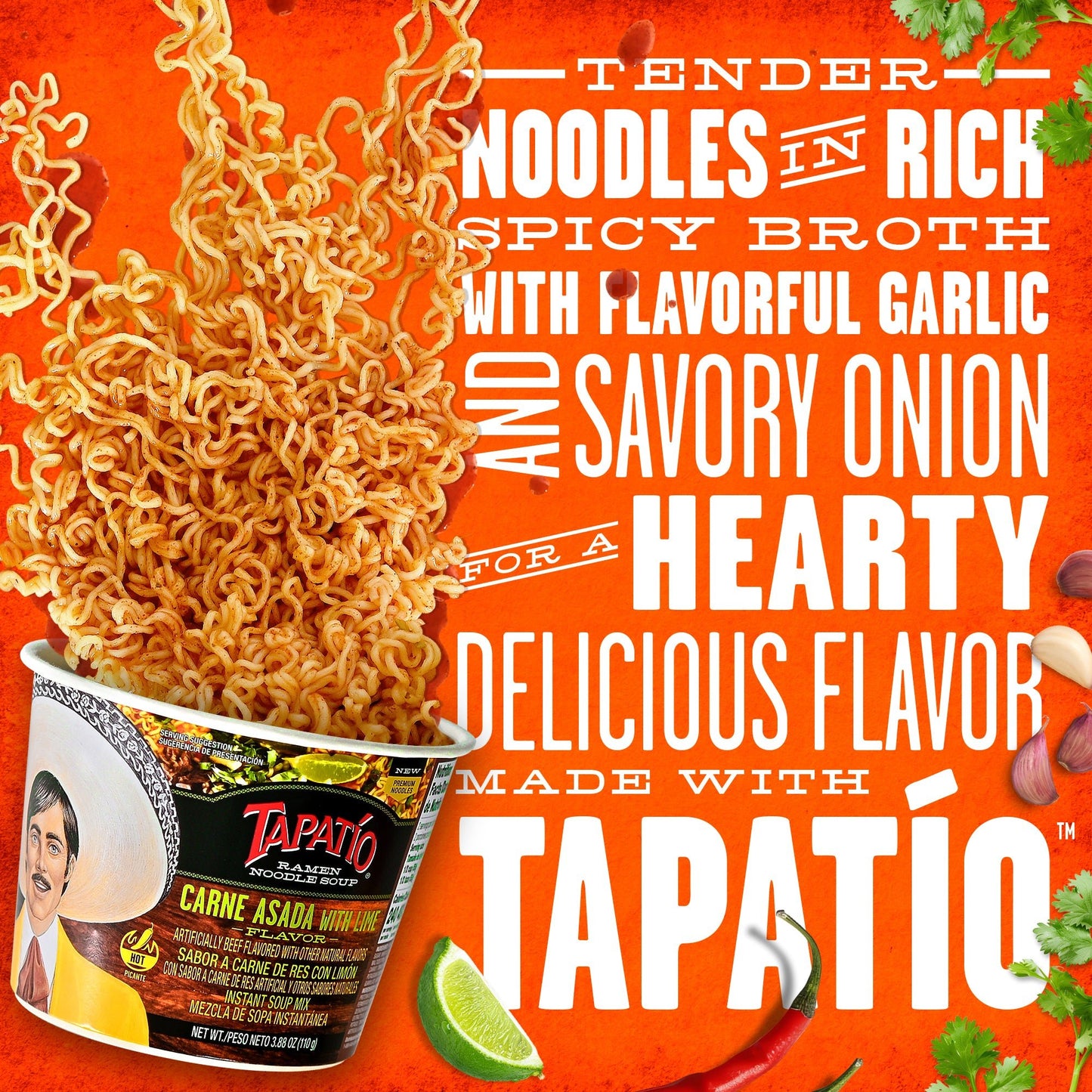 Tapatío Ramen Noodle Soup – Spicy Carne Asada with Lime Flavor, Instant Microwaveable Bowl, 3.88 oz (110 g), 6 - Pack - Tapatío Ramen