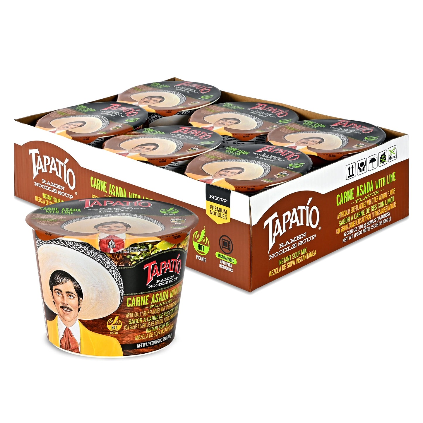 Tapatío Ramen Noodle Soup – Spicy Carne Asada with Lime Flavor, Instant Microwaveable Bowl, 3.88 oz (110 g), 6 - Pack - Tapatío Ramen