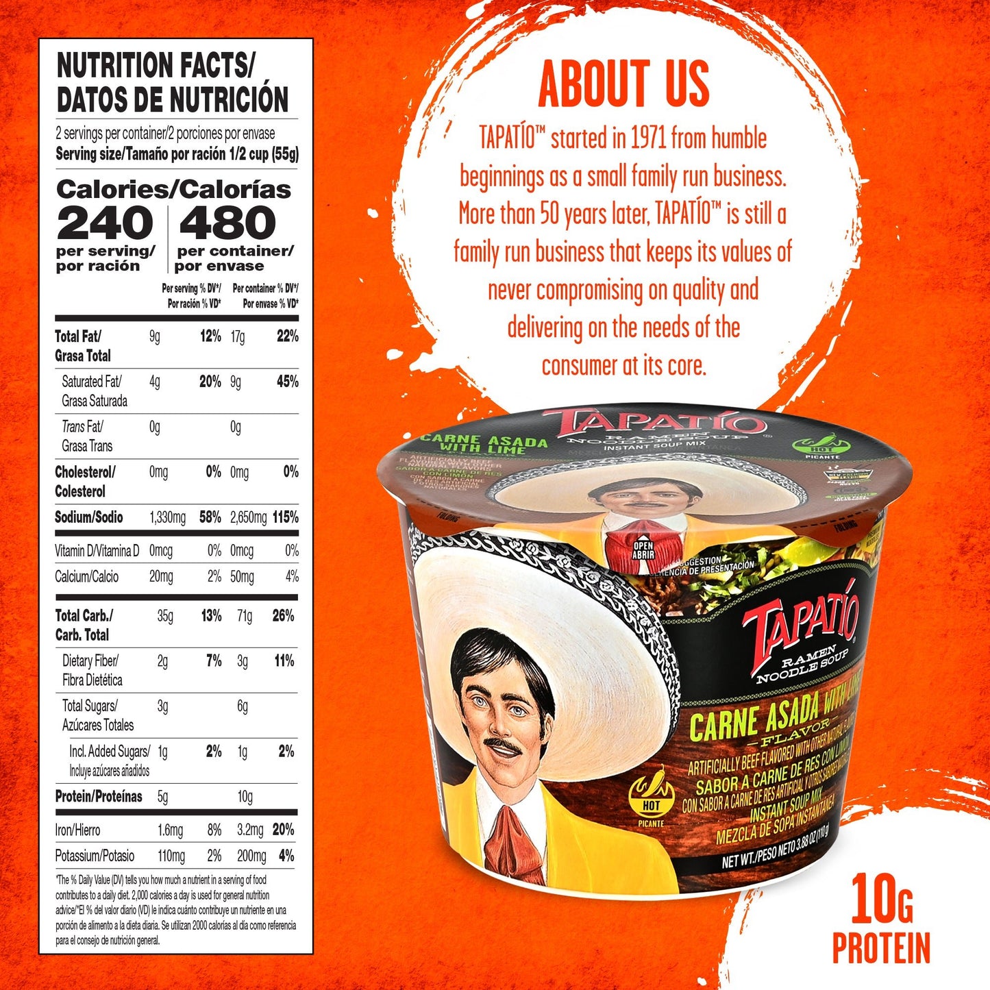 Tapatío Ramen Noodle Soup – Spicy Carne Asada with Lime Flavor, Instant Microwaveable Bowl, 3.88 oz (110 g), 6 - Pack - Tapatío Ramen