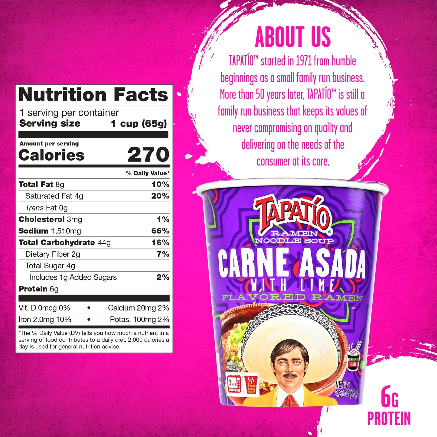 Tapatío Ramen Noodle Soup – Spicy Carne Asada with Lime Flavor, Instant Microwaveable Cup, 2.29 oz (65 g), 6 - Pack - Tapatío Ramen
