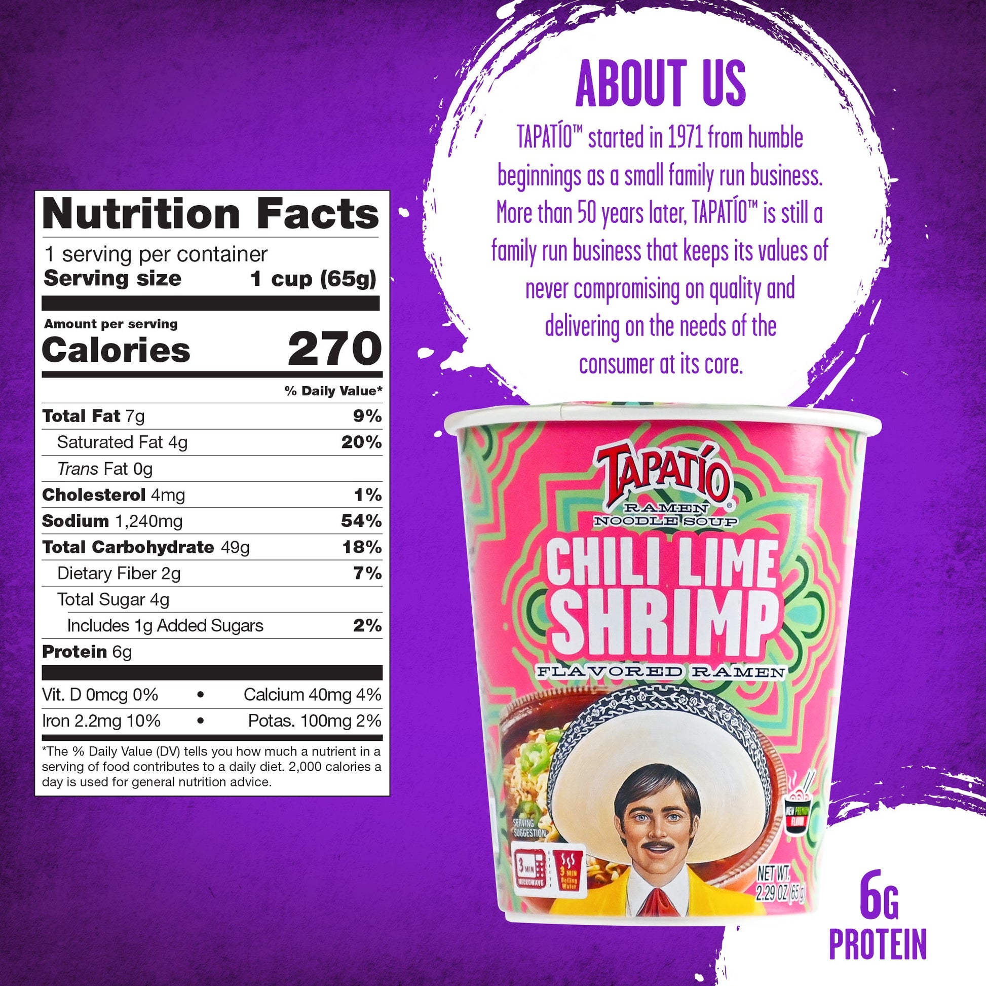 Tapatío Ramen Noodle Soup – Spicy Chili Lime Shrimp Flavor Cup, 2.29 oz (65 g) 6 - Pack - Tapatío Ramen