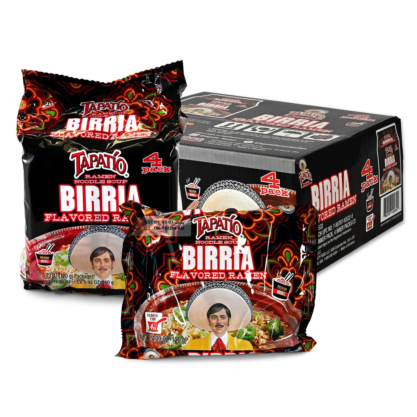 Tapatio Ramen Noodle Soup Birria Flavor Premium Stovetop Pouch – 16 Count (4.23 oz) 4 Pack Sets