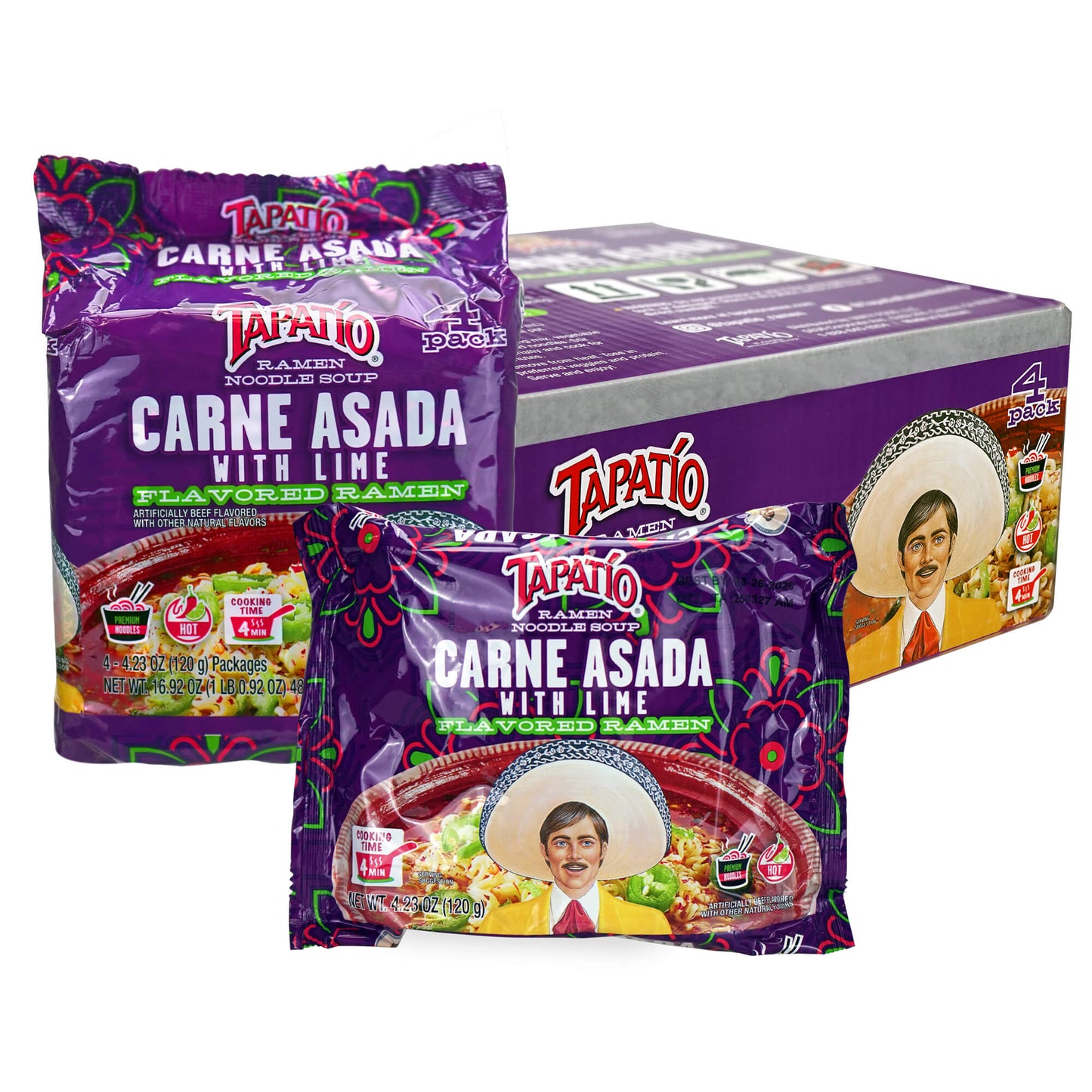 Tapatio Ramen Noodle Soup Carne Asada with Lime Flavor Premium Stovetop Pouch – 16 Count (4.23 oz) 4 Pack Sets - Tapatío Ramen