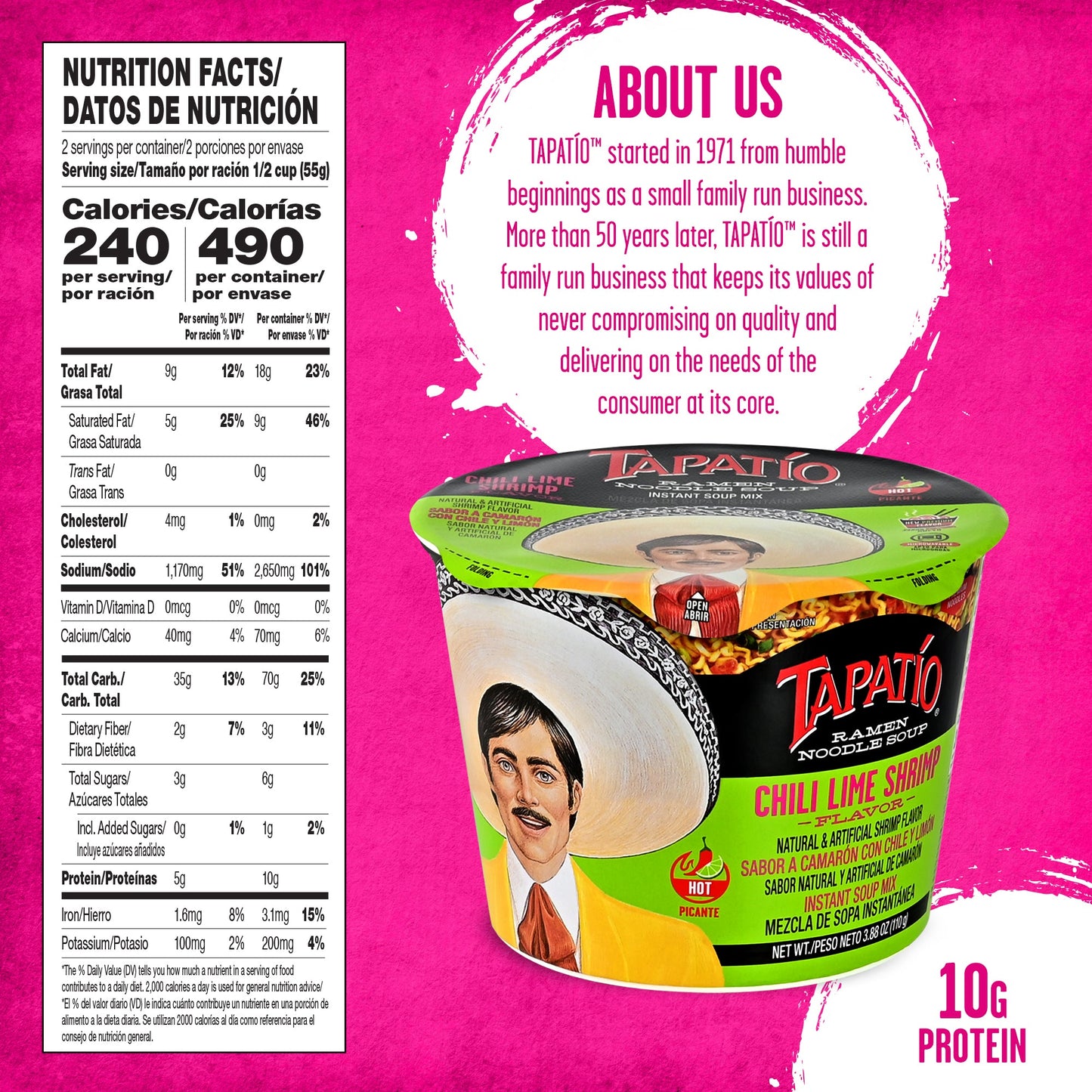 Tapatío Ramen Noodle Soup – Spicy Chili Lime Shrimp Flavor, Instant Microwaveable Bowl, 3.88 oz (110 g), 6 - Pack - Tapatío Ramen