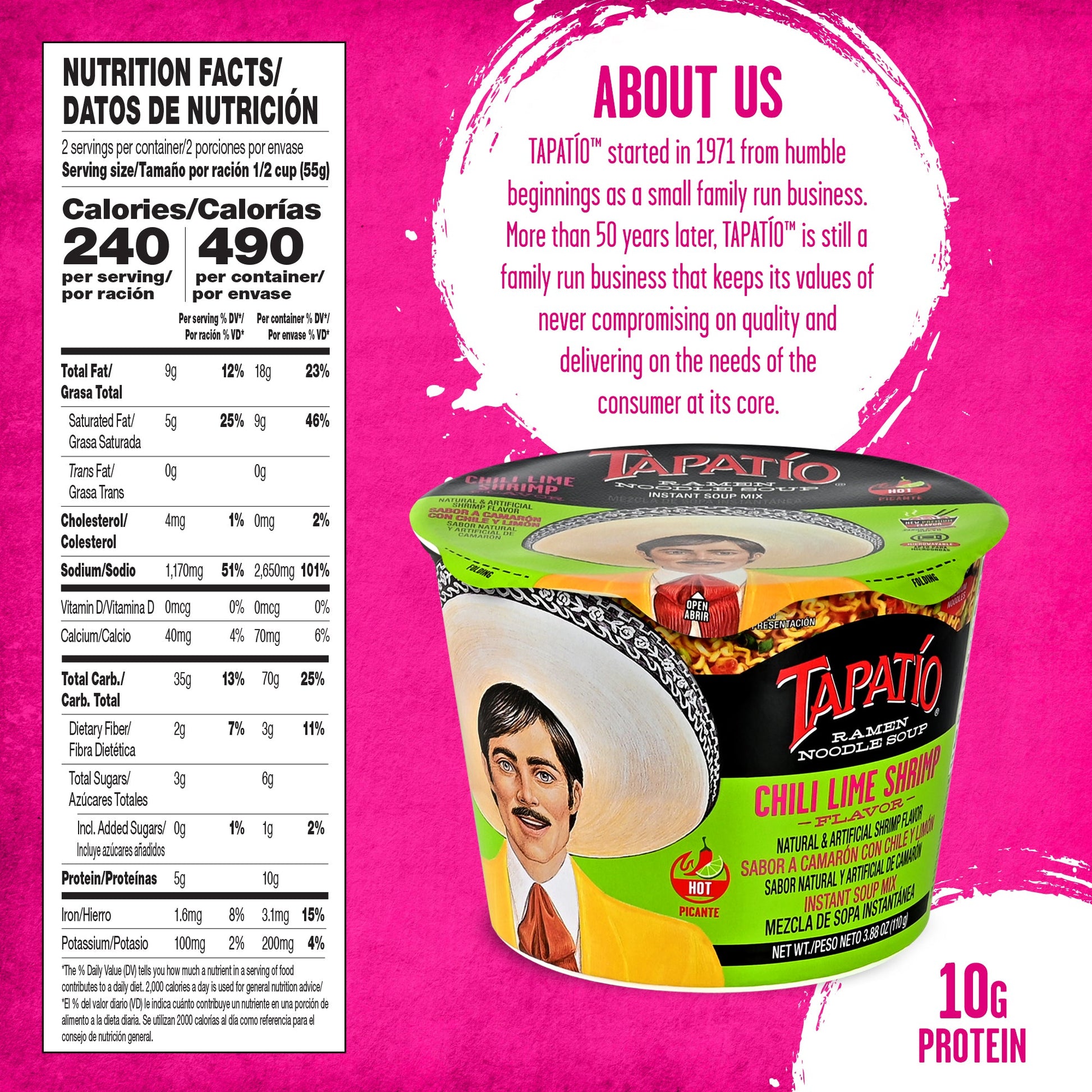 Tapatío Ramen Noodle Soup – Spicy Chili Lime Shrimp Flavor, Instant Microwaveable Bowl, 3.88 oz (110 g), 6 - Pack - Tapatío Ramen